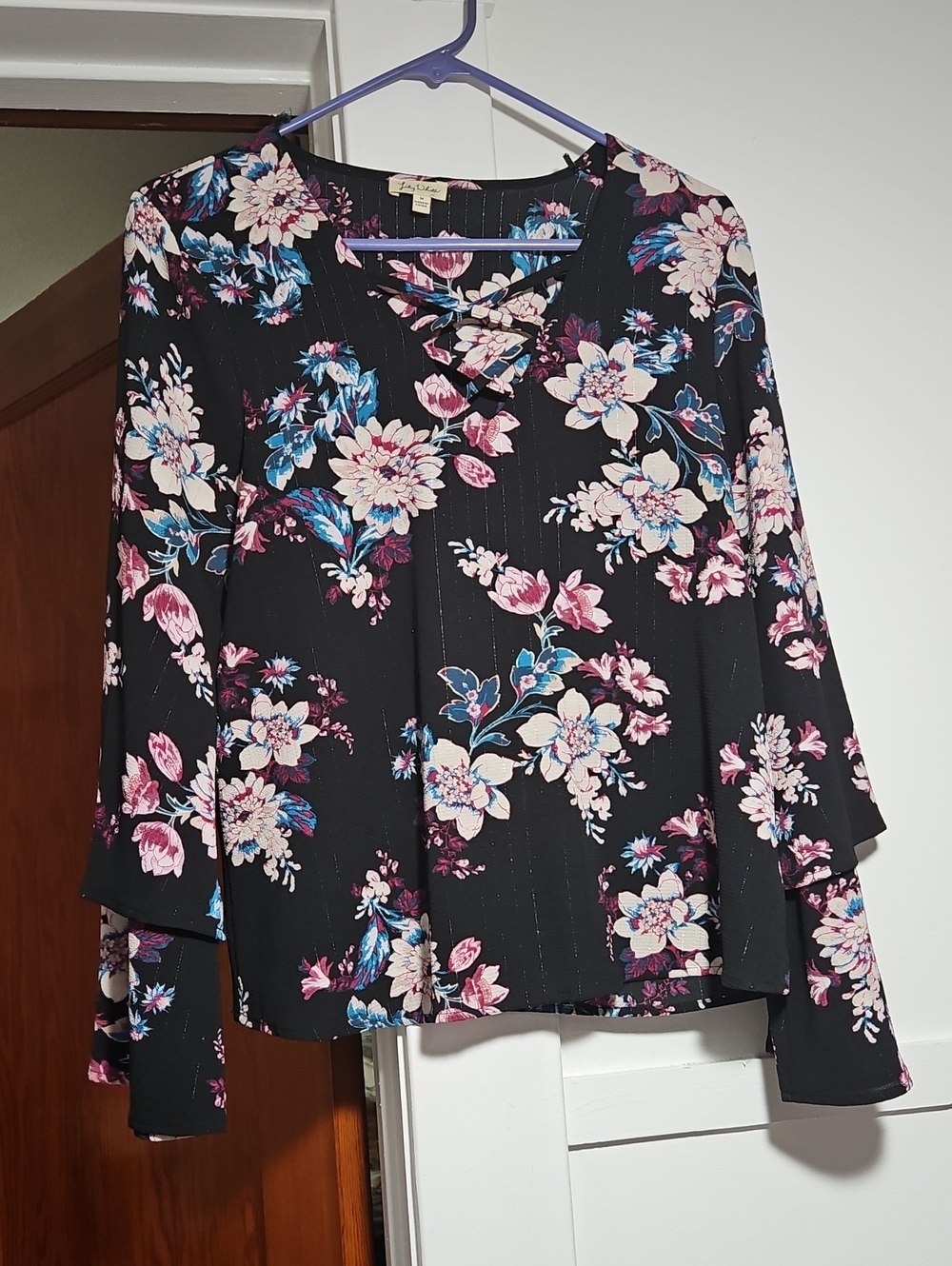 Lily White Black Floral Flowers Bell Long Sleeve Blouse Top Size M EUC